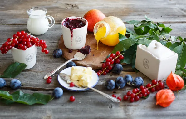 Picture leaves, berries, milk, fruit, currants, jam, jam, nectarine