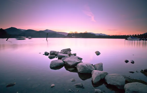 Forest, mountains, lake, dawn, boats, England