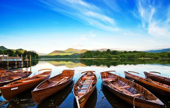 Water, landscape, nature, lake, boats, pier