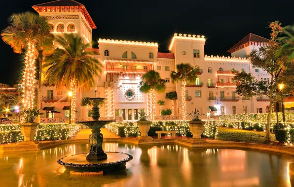 Light, lights, palm trees, Palace, fountain, mansion