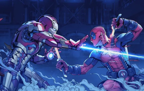 Picture fight, tony stark, wade wilson, Iron man vs deadpool