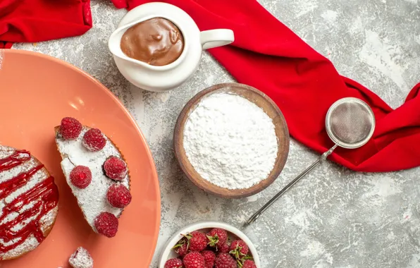 Berries, raspberry, cake, fabric, cake, bowl, pitcher, cream