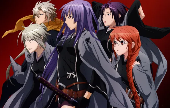 Picture katana, glasses, braid, red, five, cloak, squad