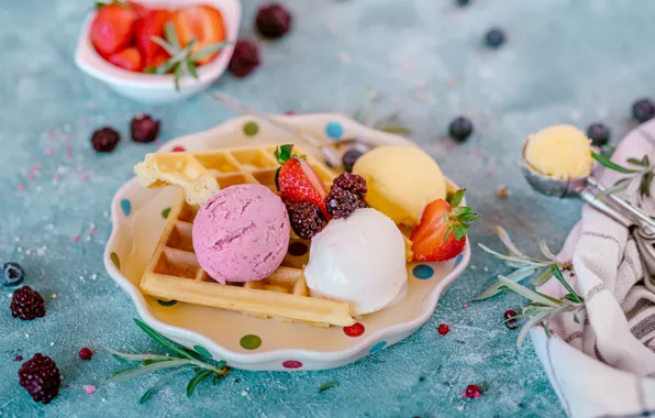 Balls, berries, table, strawberry, plate, ice cream, different, waffles