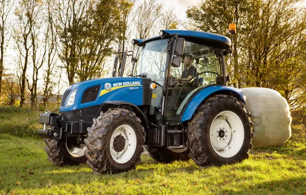 Grass, trees, blue, tractor, cabin, wheel, Sunny weather, agricultural machinery