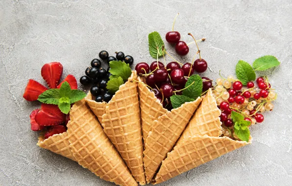 Picture berries, fruit, waffle cone