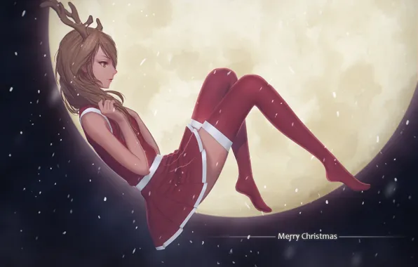 Girl, the moon, Anime, merry christmas