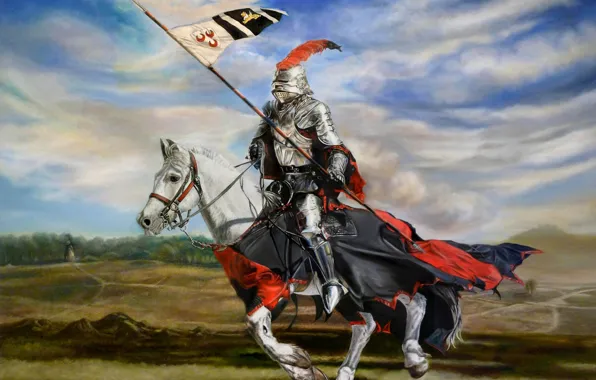 Figure, armor, art, knight, spear, armor, horse, pennant
