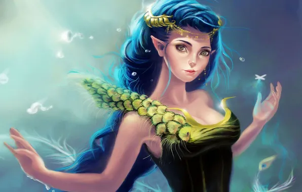 Picture girl, feathers, fantasy, art, elf