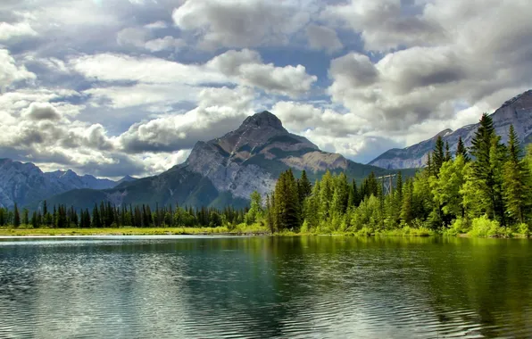 Forest, clouds, mountains, lake, Canada, Albert, Alberta, Canada