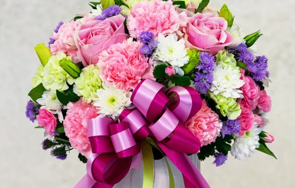 Picture roses, bouquet, colorful, beautiful, bow, March 8, chrysanthemum, beautiful