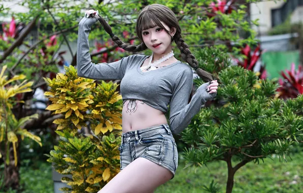 Girl, pose, shorts, t-shirt, Asian, braids
