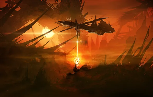 Planet, spaceship, drill