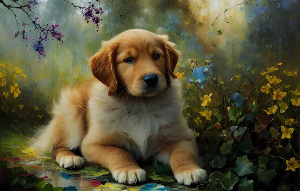 Summer, look, flowers, nature, portrait, dog, garden, art