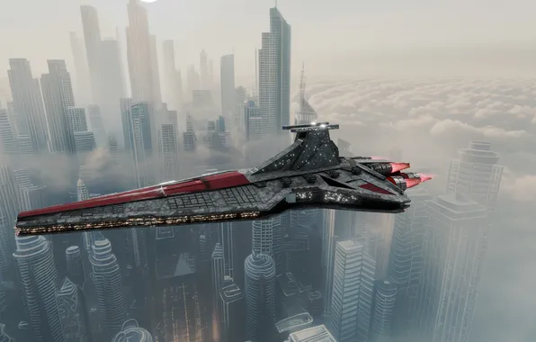 Flight, the city, the plane, fiction, UFO, skyscrapers, aircraft, the alien ship