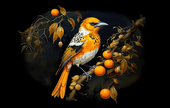 Leaves, branches, nature, tree, bird, fruit, black background, painting