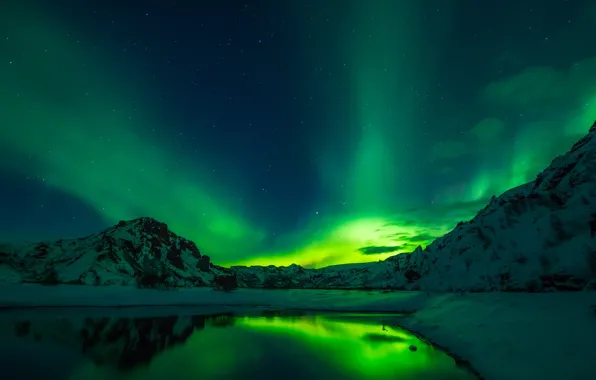 Winter, the sky, stars, snow, mountains, night, lake, Northern lights