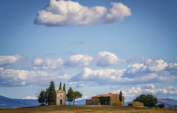 Field, the sky, Italy, Church, chapel, Tuscany