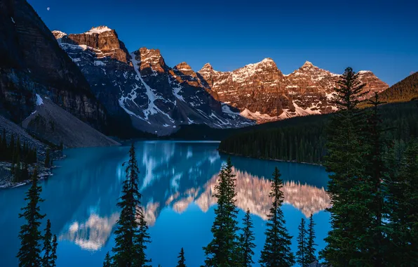 Forest, light, snow, mountains, lake, reflection, blue, shore
