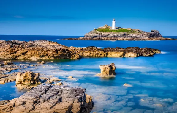 Sea, the sky, light, blue, stones, rocks, blue, shore