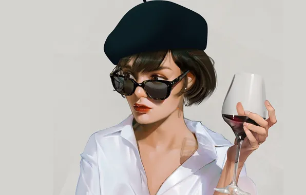 Grey background, takes, sunglasses, portrait of a girl, white blouse, glass in hand