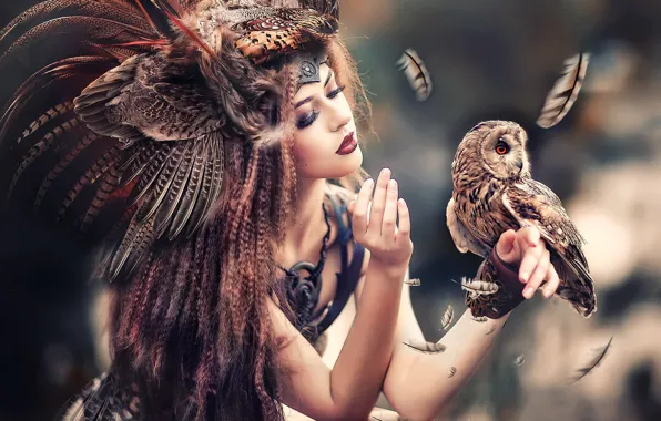 Girl, face, pose, eyelashes, style, owl, bird, hair