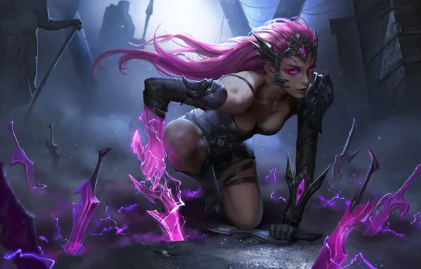 Picture dark, girl, fantasy, cleavage, pink hair, armor, Warrior, weapons