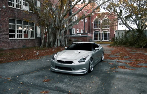 Picture the sky, trees, the building, Windows, silver, nissan, front view, Nissan