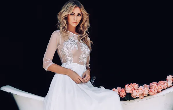 Picture flowers, roses, dress, blonde, bath, Bryana Holly