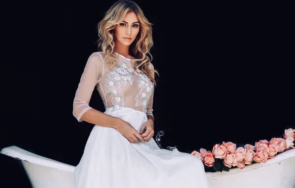 Flowers, roses, dress, blonde, bath, Bryana Holly