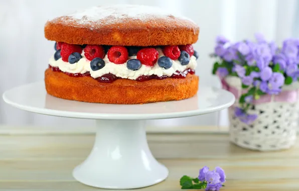 Flowers, raspberry, food, blueberries, cake, cake, cake, cream