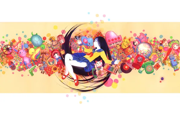 Girl, toys, robot, doll, phone, record, the ball
