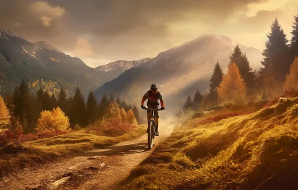 Autumn, forest, the sky, clouds, light, mountains, bike, fog