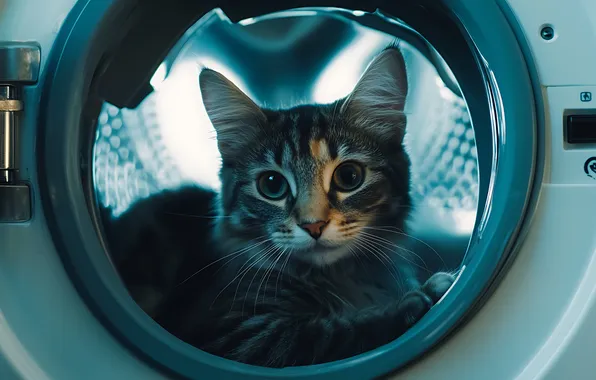 Cat, look, pose, kitty, grey, lies, face, the washer