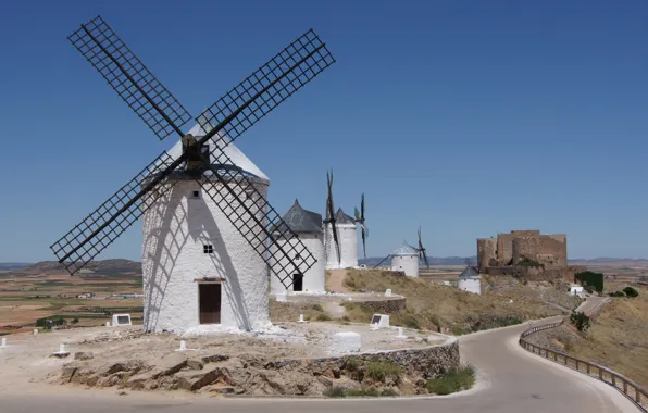 Picture road, windmills, Spain, wellnice