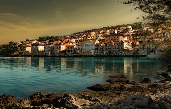 Sea, trees, coast, home, the evening, Croatia, Postira