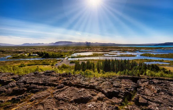 Picture the sun, rays, landscape, mountains, nature, stones, valley, Iceland