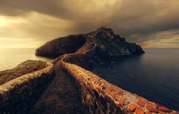 Road, sea, clouds, bridge, rock, stones, view, lighthouse
