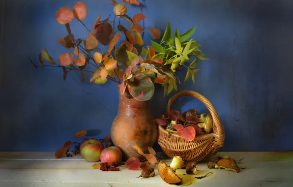 Picture autumn, leaves, basket, mushrooms, pitcher, fruit, still life