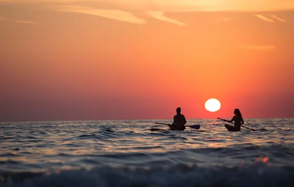 Picture sunset, boat, silhouette, pair, peace