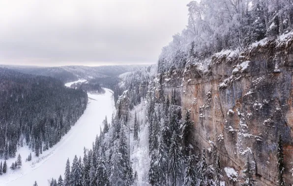 Winter, frost, forest, the sky, snow, mountains, river, open