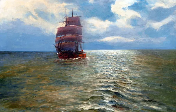 Sea, the sky, landscape, ship, picture, sails, Alfred Jansen