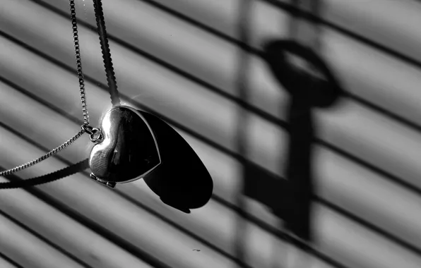 Picture macro, heart, shadow, key, pendant, chain, grey background, heart