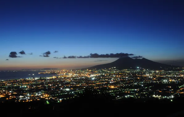 Picture city, lights, sky, sea, landscape, Italy, sunset, night