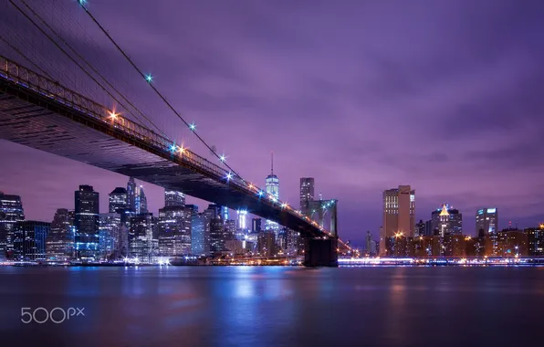 Night, lights, USA, Brooklyn bridge, New York