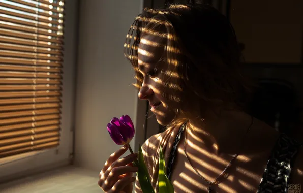 Flower, girl, lighting, window, Sergei Timashev