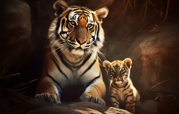 Tigers, tigress, tiger, mother, digital art, AI art, neural network, the art of artificial intelligence
