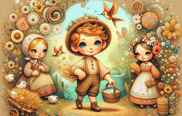 Flowers, birds, children, patterns, girls, boy, ears, basket