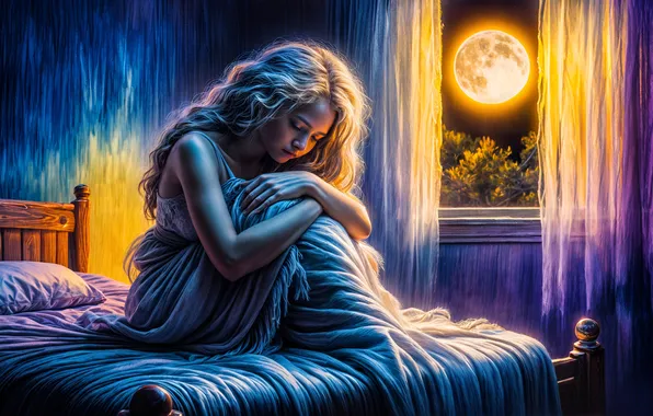 Girl, light, night, pose, room, the moon, bed, window