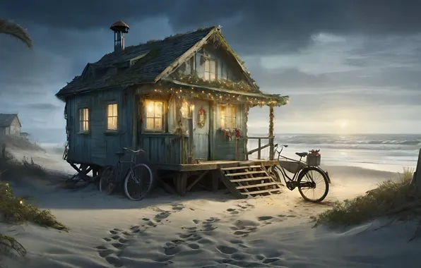 Sand, sea, beach, bike, house, shore, Christmas, New year